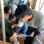 樹林(きりん)余暇活動──水遊園にて、おっかなびっくりのタッチング体験。腰がひけてますよ~!!